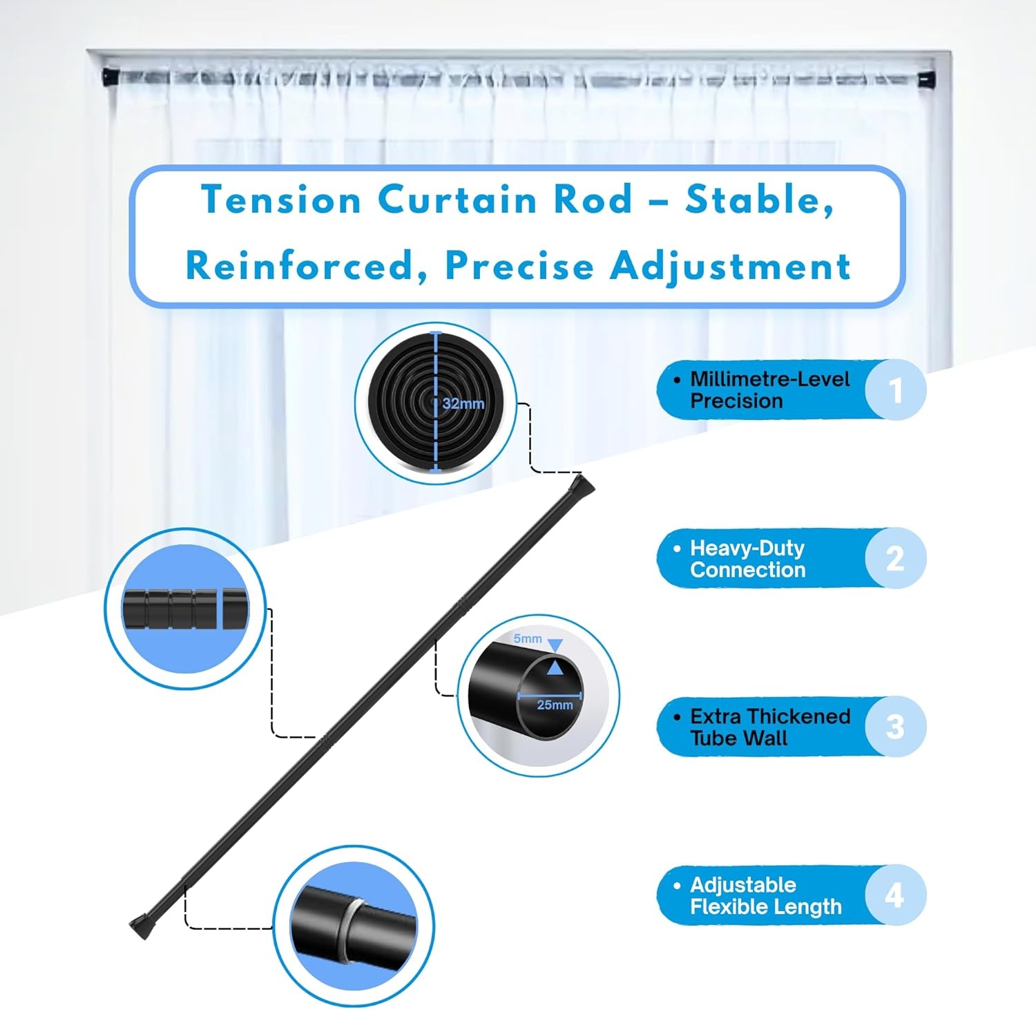 Venwemong 1Pc Uitschuifbare Douchegordijn Spanstang Geen Boren Telescopische Kast Bar Verstelbare Kamer Divider Gordijn Staaf voor Boekenplank Badkamer (110-200CM/43,3-78,7 inch, roestvrij staal)