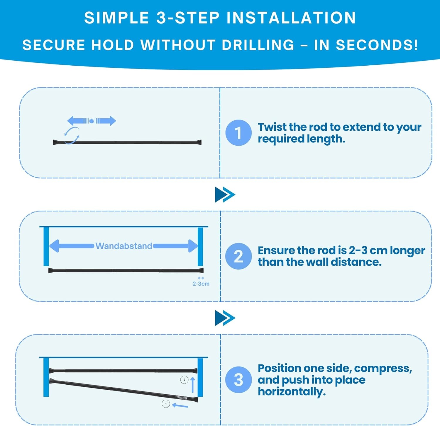 Venwemong 1Pc Uitschuifbare Douchegordijn Spanstang Geen Boren Telescopische Kast Bar Verstelbare Kamer Divider Gordijn Staaf voor Boekenplank Badkamer (110-200CM/43,3-78,7 inch, roestvrij staal)