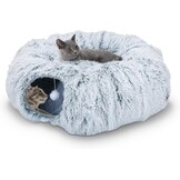 Kattentunnel met kattenbed, pluche uitbreidbaar, multifunctioneel kattenspeelgoed, kattentunnelbed met hangende bal en kijkgat voor binnen (grijs, diameter: 85 x hoogte: 26 cm)