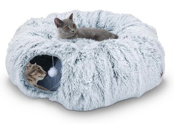 Kattentunnel met kattenbed, pluche uitbreidbaar, multifunctioneel kattenspeelgoed, kattentunnelbed met hangende bal en kijkgat voor binnen (grijs, diameter: 85 x hoogte: 26 cm)