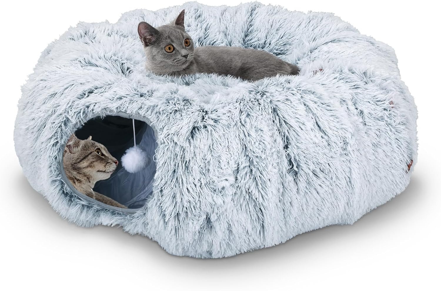 Kattentunnel met kattenbed, pluche uitbreidbaar, multifunctioneel kattenspeelgoed, kattentunnelbed met hangende bal en kijkgat voor binnen (grijs, diameter: 85 x hoogte: 26 cm)