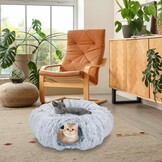 Kattentunnel met kattenbed, pluche uitbreidbaar, multifunctioneel kattenspeelgoed, kattentunnelbed met hangende bal en kijkgat voor binnen (grijs, diameter: 85 x hoogte: 26 cm)