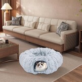 Kattentunnel met kattenbed, pluche uitbreidbaar, multifunctioneel kattenspeelgoed, kattentunnelbed met hangende bal en kijkgat voor binnen (grijs, diameter: 85 x hoogte: 26 cm)
