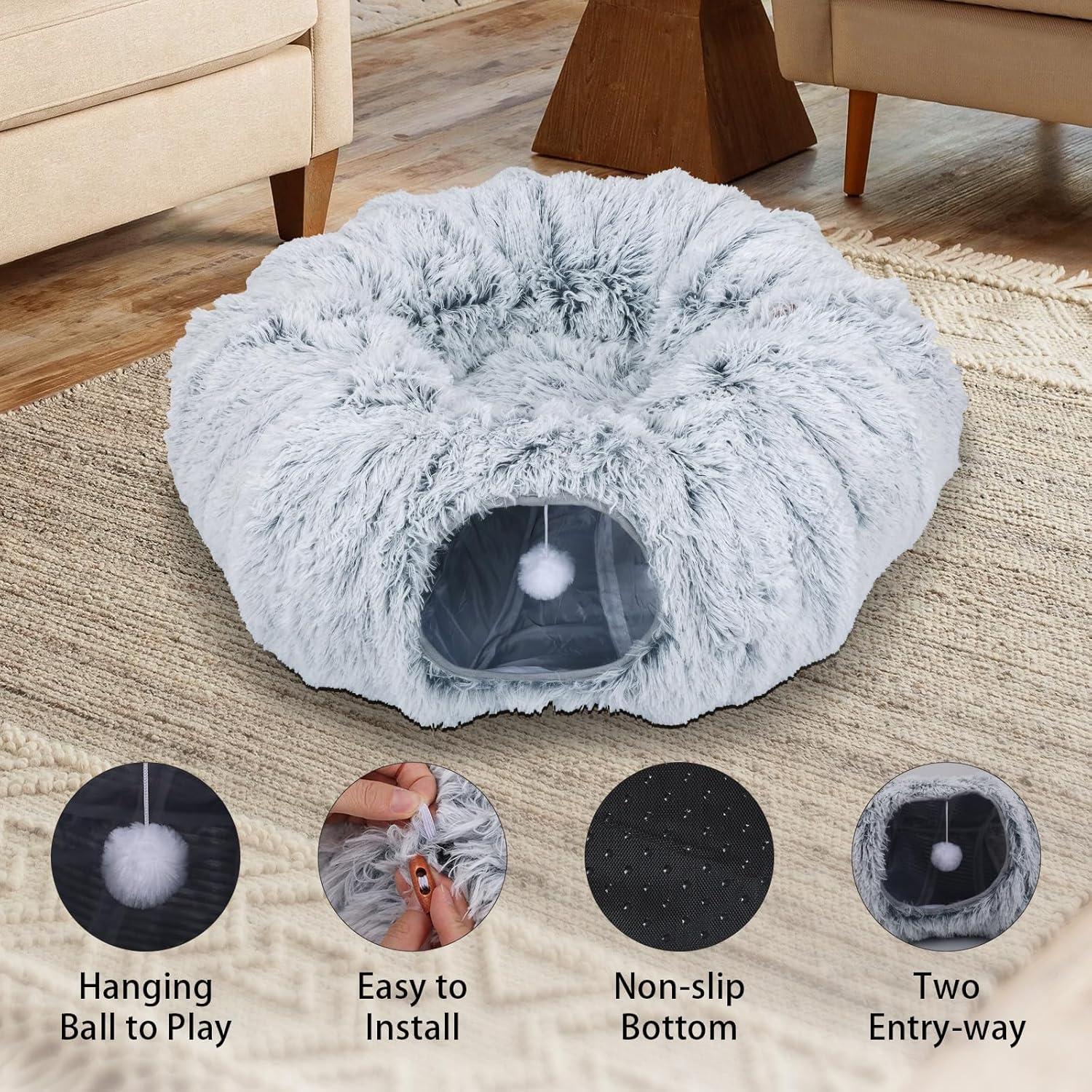 Kattentunnel met kattenbed, pluche uitbreidbaar, multifunctioneel kattenspeelgoed, kattentunnelbed met hangende bal en kijkgat voor binnen (grijs, diameter: 85 x hoogte: 26 cm)