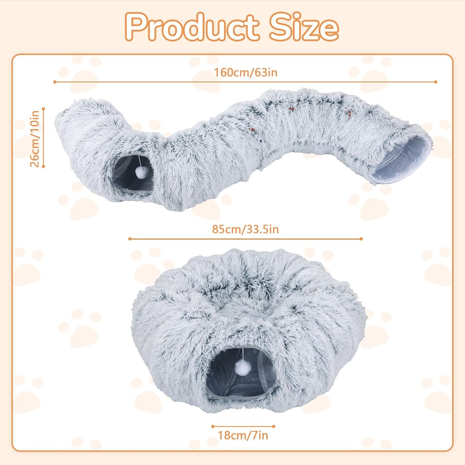 Kattentunnel met kattenbed, pluche uitbreidbaar, multifunctioneel kattenspeelgoed, kattentunnelbed met hangende bal en kijkgat voor binnen (grijs, diameter: 85 x hoogte: 26 cm)