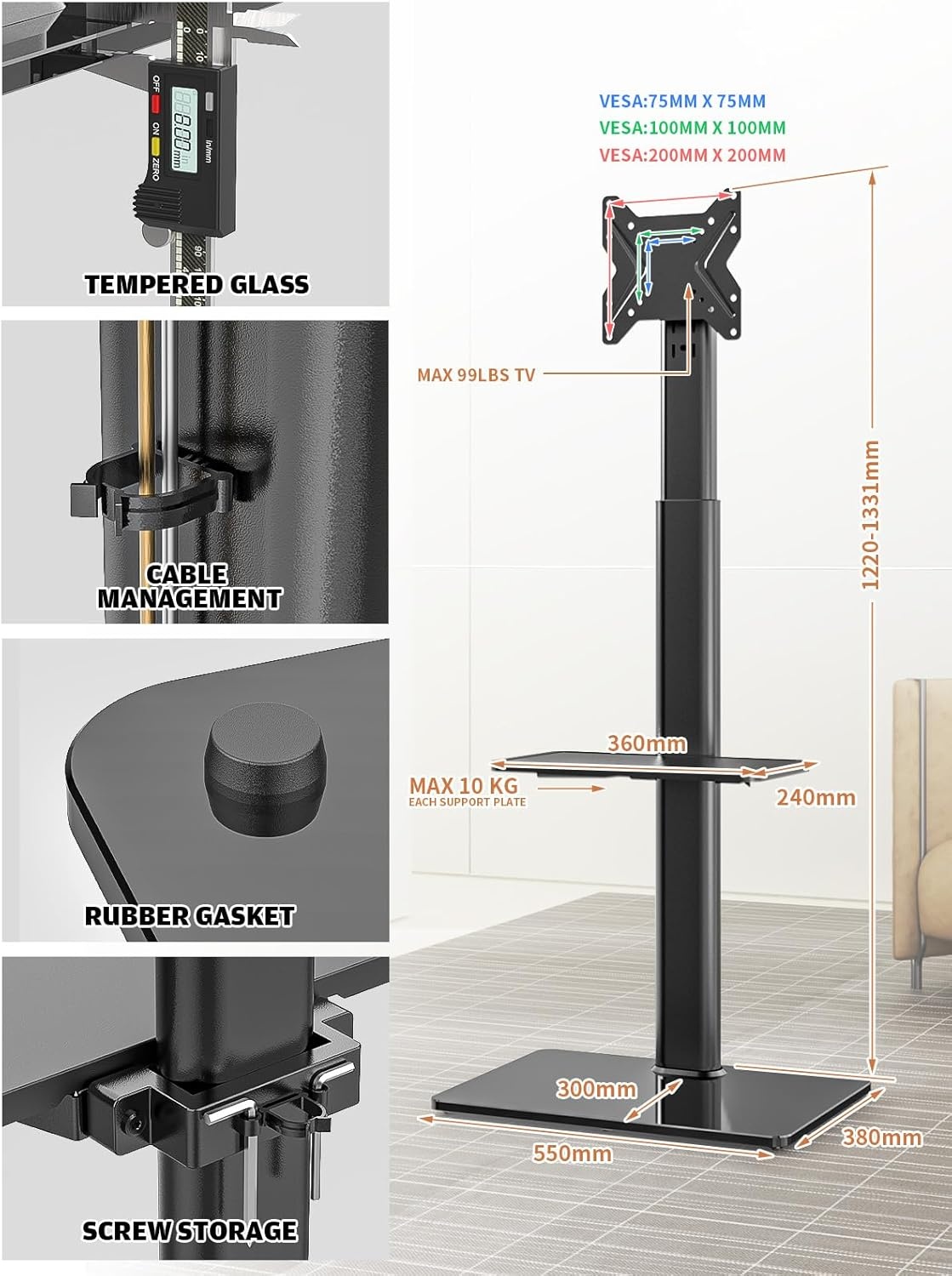 Universele Vloer TV Standaard met Zwenkfunctie voor 19-43 inch LCD LED TV, Zwart met 2 Legborden
