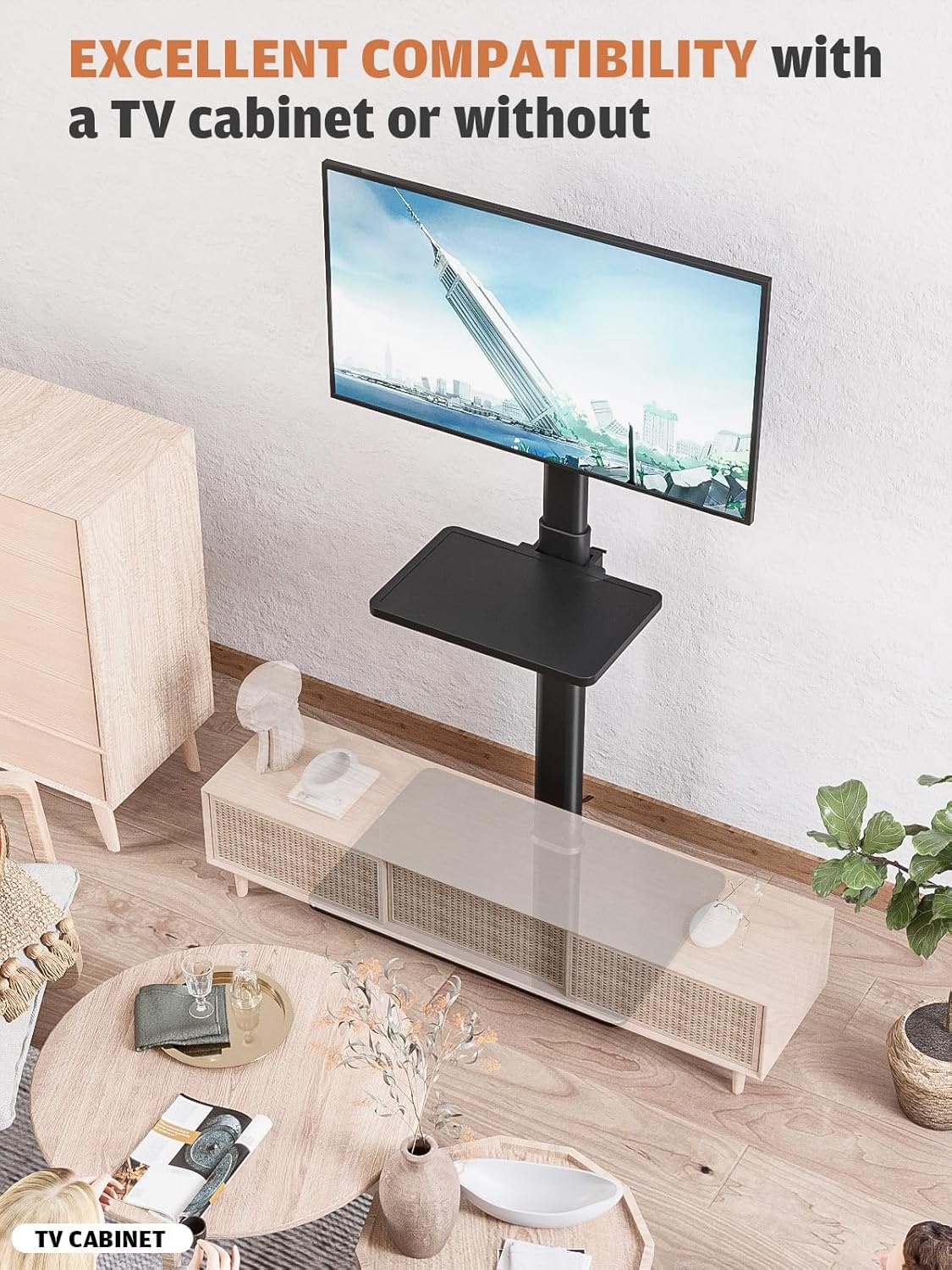 Universele Vloer TV Standaard met Zwenkfunctie voor 19-43 inch LCD LED TV, Zwart met 2 Legborden