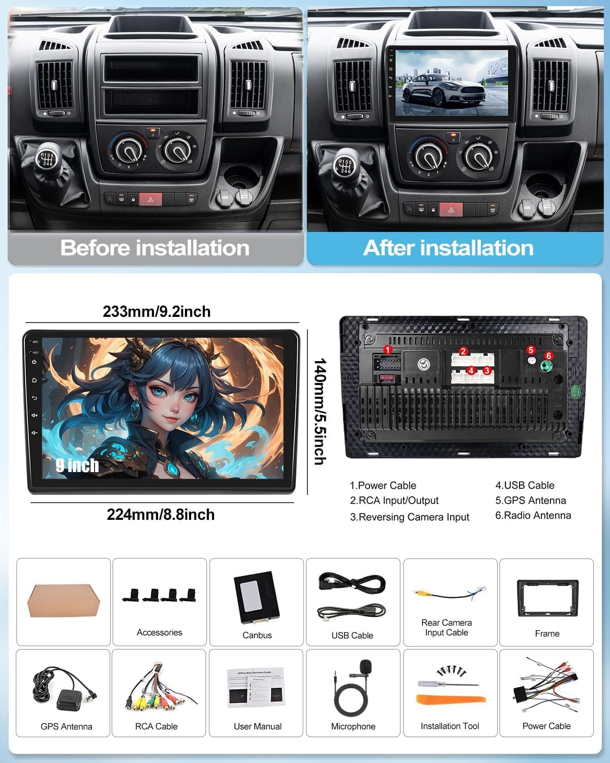 2G + 64G 8Core CAMECHO Android 13 Auto Radio voor FIAT Ducato3/Peugeot Boxer/Citroen Jumper met Navi Carplay Android Auto 9-inch Scherm Dubbele Din Auto Radio met Bluetooth RDS 32EQ DSP Spiegel link