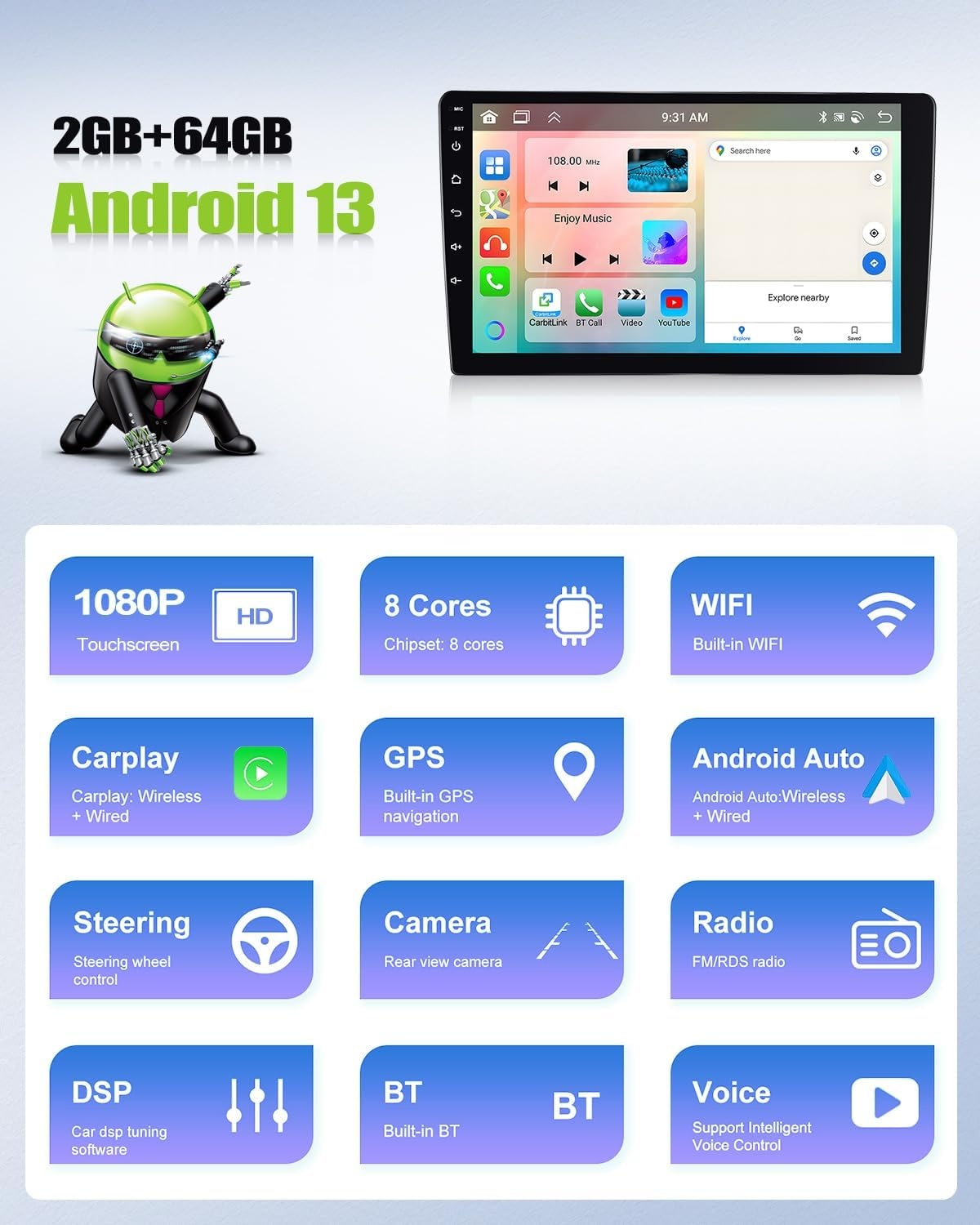 2G + 64G 8Core CAMECHO Android 13 Auto Radio voor FIAT Ducato3/Peugeot Boxer/Citroen Jumper met Navi Carplay Android Auto 9-inch Scherm Dubbele Din Auto Radio met Bluetooth RDS 32EQ DSP Spiegel link