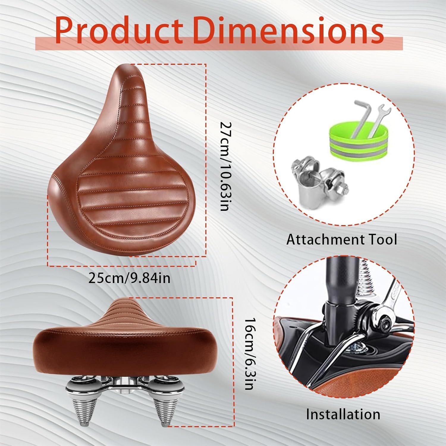 Fietszadel Bruin Ergonomisch Gewatteerd Waterdicht Schokabsorberend PU-leer voor Heren Dames, Stadsfiets, MTB, Hometrainer, E-bike 26x27x15cm