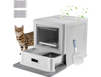 Marchul Gesloten Kattenbak van Roestvrij Staal - Met Deksel & Lade, XL Formaat, Anti-Lek Baffles, Schep & Mat, Geurvrij