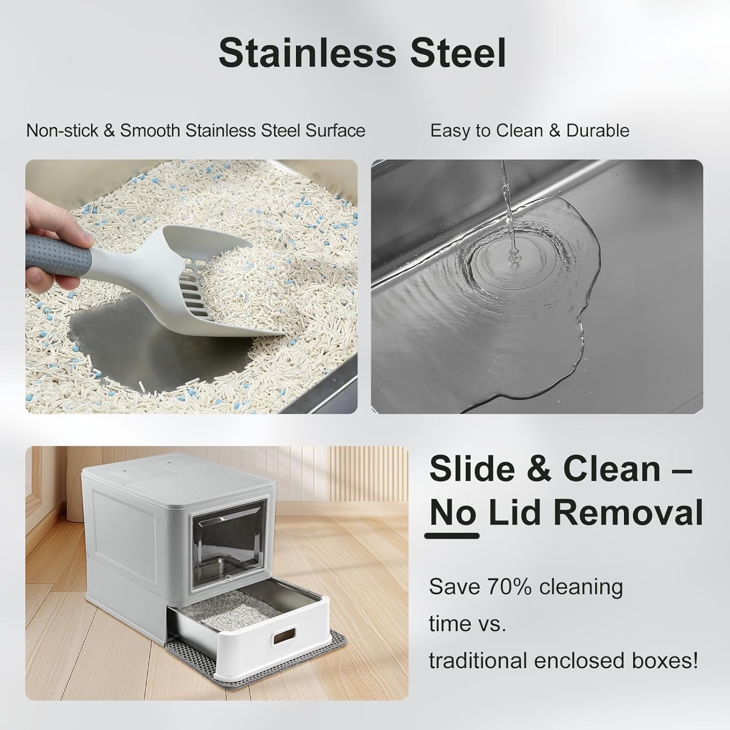 Marchul Gesloten Kattenbak van Roestvrij Staal - Met Deksel & Lade, XL Formaat, Anti-Lek Baffles, Schep & Mat, Geurvrij