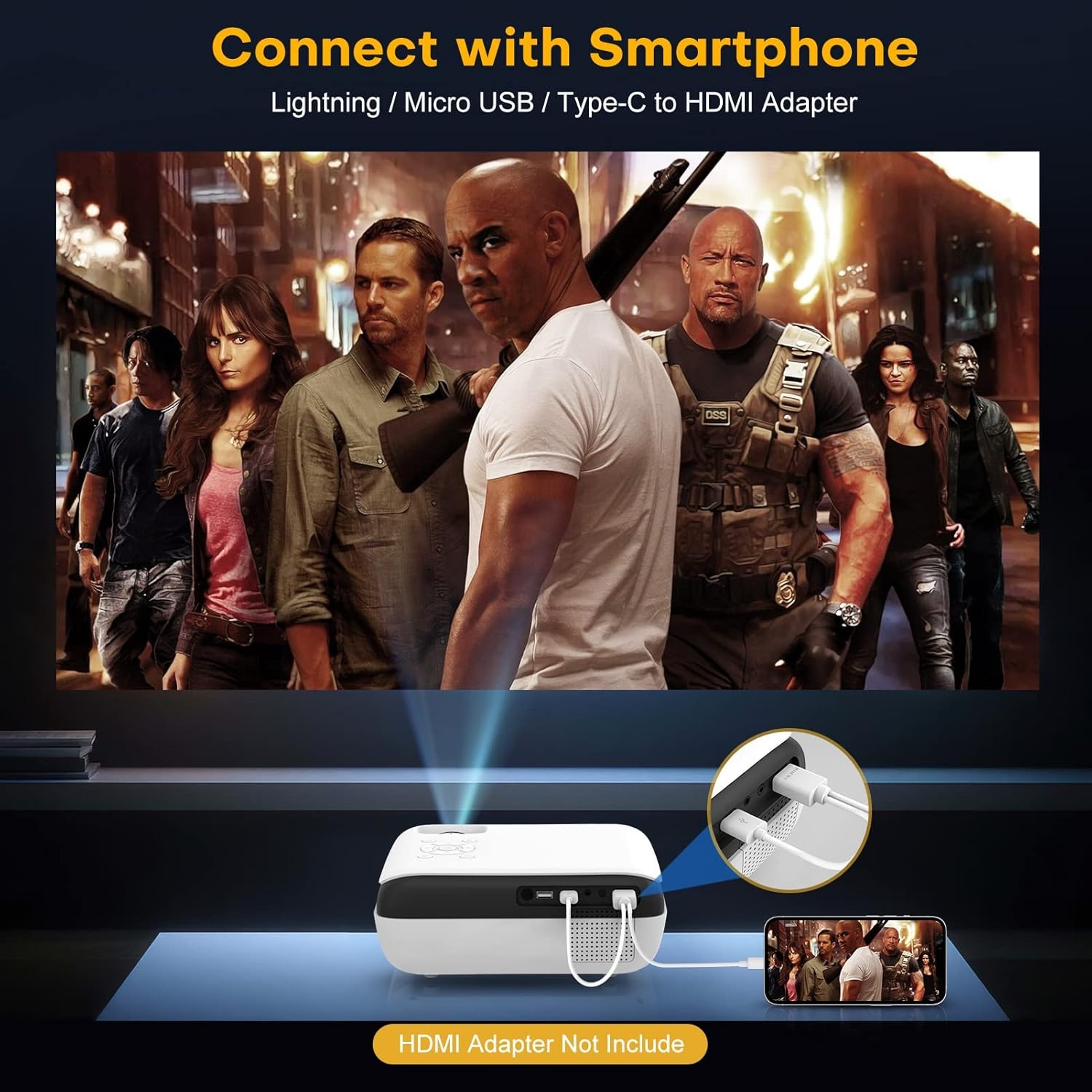 HOPVISION Beamer 9500 lumen 4K draagbare Bluetooth Full HD 1080P thuisbioscoop compatibel met smartphone/HDMI/USB/laptop/Fire Stick/PS5