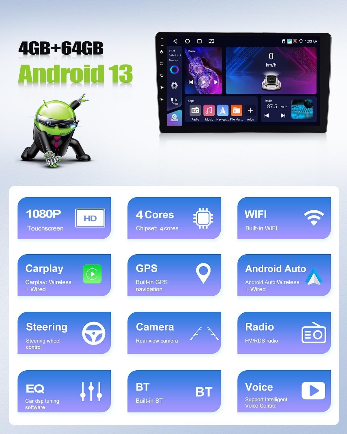 Autoradio Android 13 9 inch Dubbel Din met Navigatie Apple CarPlay Android Auto voor FIAT Bravo 2008-2013