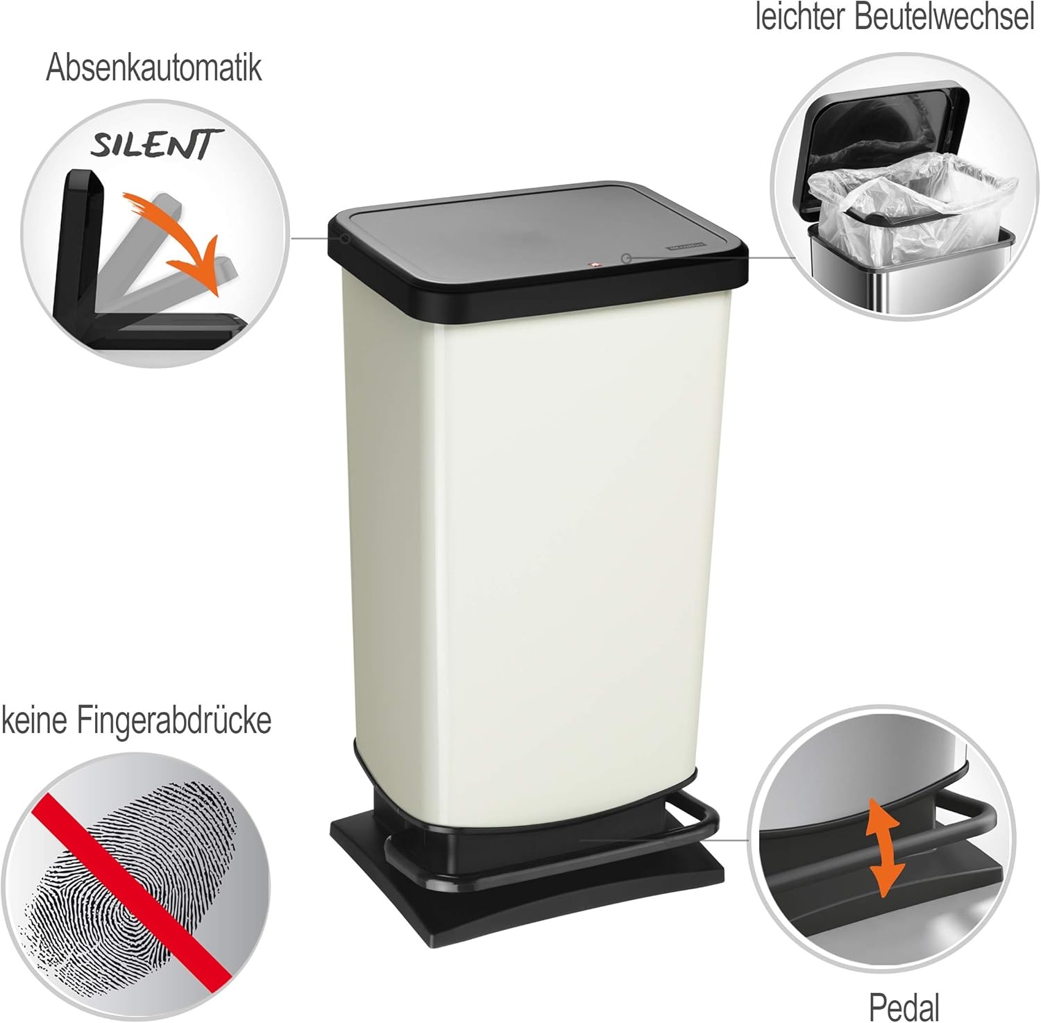Rotho Paso Vuilnisbak 40l met pedaal en deksel, Kunststof (PP) BPA-vrij, witmetaalkleurig, 40l (35.3 x 29.5 x 67.6 cm)