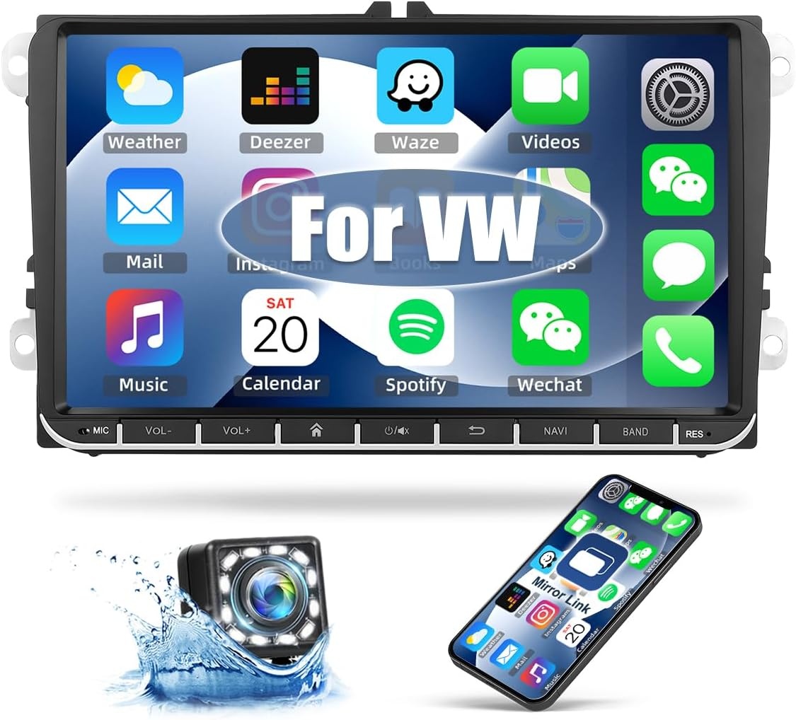 1G + 32G CAMECHO Android 13 GPS autoradio voor VW, Golf 5, Polo, Skoda, met Bluetooth navigatie, 9 inch scherm, 2 DIN-radio, met spiegellink, FM/RDS, wifi, SWC en USB