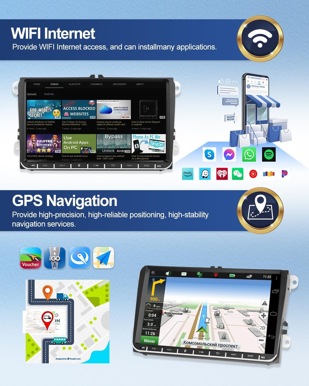 1G + 32G CAMECHO Android 13 GPS autoradio voor VW, Golf 5, Polo, Skoda, met Bluetooth navigatie, 9 inch scherm, 2 DIN-radio, met spiegellink, FM/RDS, wifi, SWC en USB