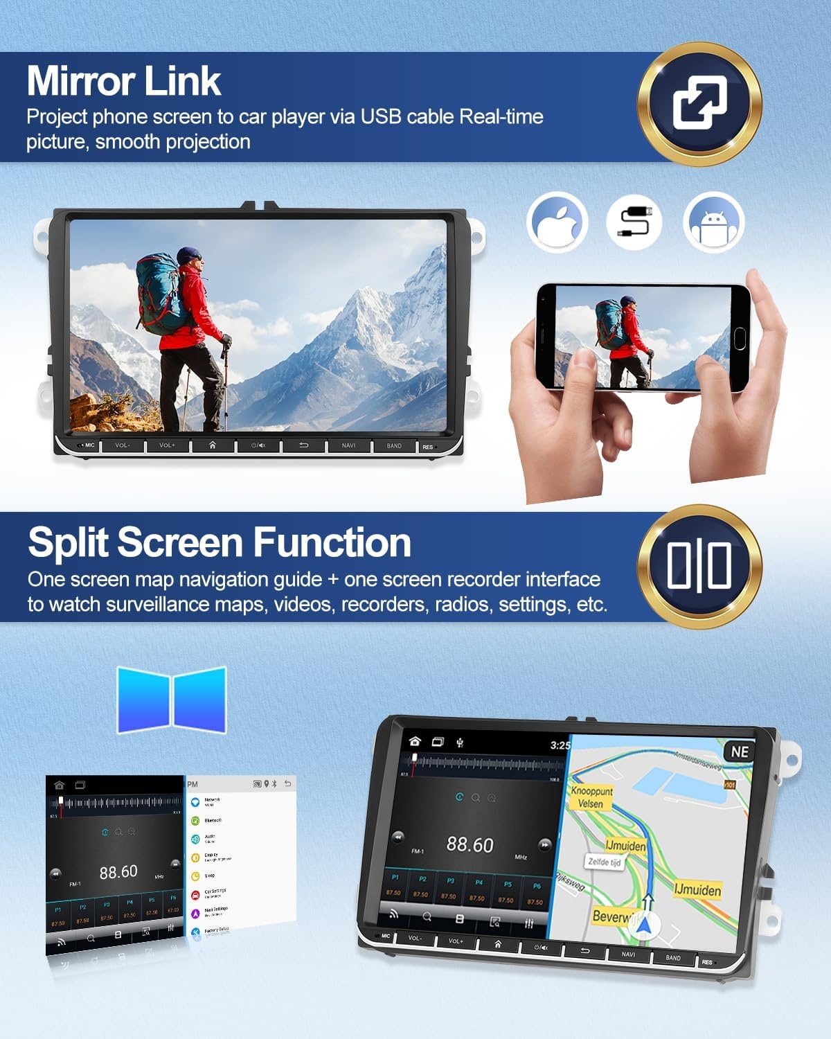 1G + 32G CAMECHO Android 13 GPS autoradio voor VW, Golf 5, Polo, Skoda, met Bluetooth navigatie, 9 inch scherm, 2 DIN-radio, met spiegellink, FM/RDS, wifi, SWC en USB