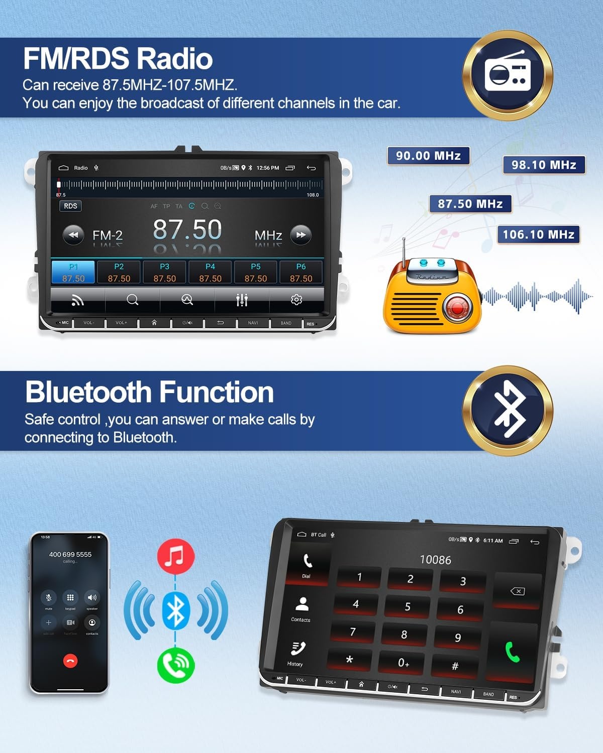 1G + 32G CAMECHO Android 13 GPS autoradio voor VW, Golf 5, Polo, Skoda, met Bluetooth navigatie, 9 inch scherm, 2 DIN-radio, met spiegellink, FM/RDS, wifi, SWC en USB