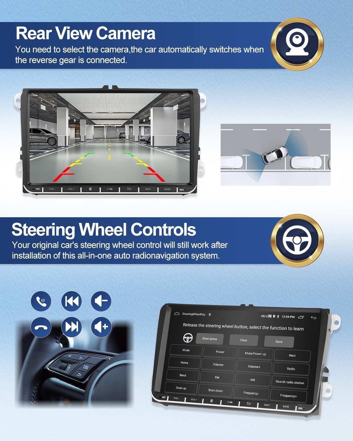 1G + 32G CAMECHO Android 13 GPS autoradio voor VW, Golf 5, Polo, Skoda, met Bluetooth navigatie, 9 inch scherm, 2 DIN-radio, met spiegellink, FM/RDS, wifi, SWC en USB