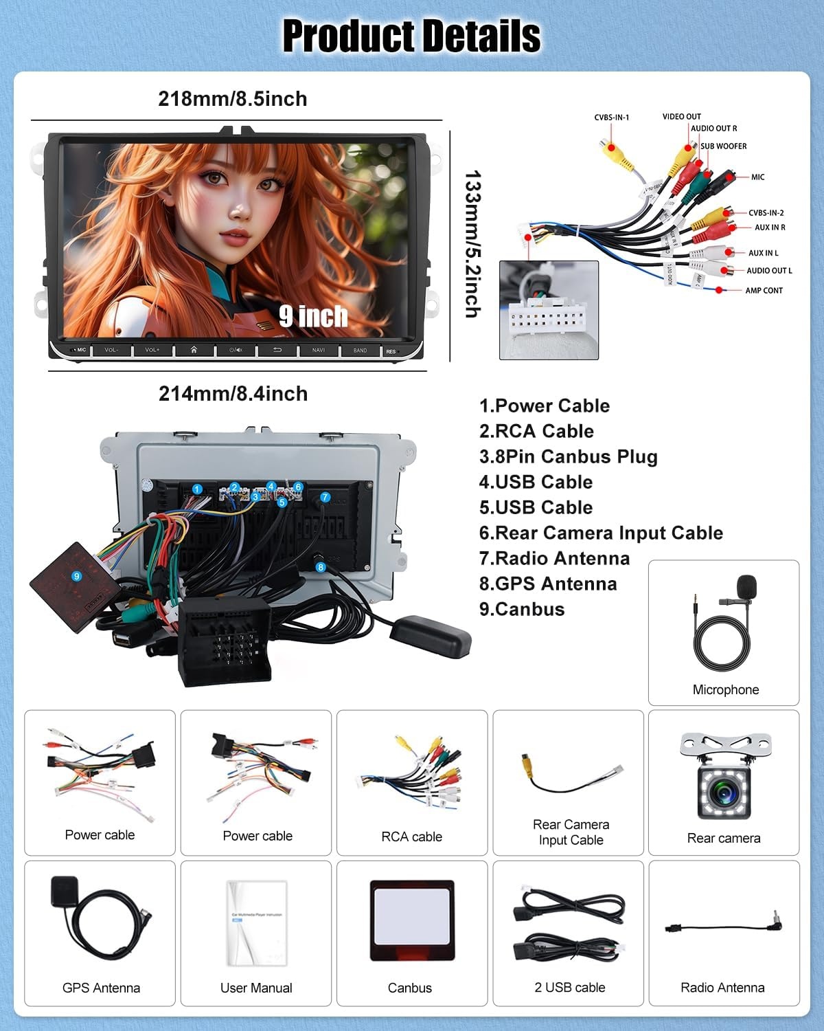 1G + 32G CAMECHO Android 13 GPS autoradio voor VW, Golf 5, Polo, Skoda, met Bluetooth navigatie, 9 inch scherm, 2 DIN-radio, met spiegellink, FM/RDS, wifi, SWC en USB