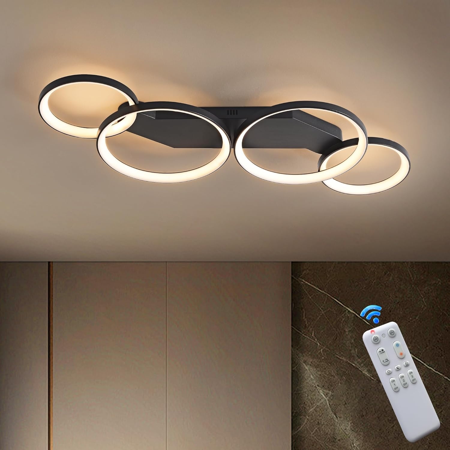 Moderne LED Plafondlamp Zwart 45W Dimmbaar met Afstandsbediening - 4 Ringen, 80cm