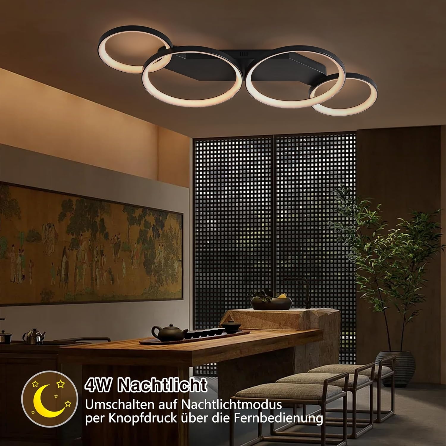 Moderne LED Plafondlamp Zwart 45W Dimmbaar met Afstandsbediening - 4 Ringen, 80cm