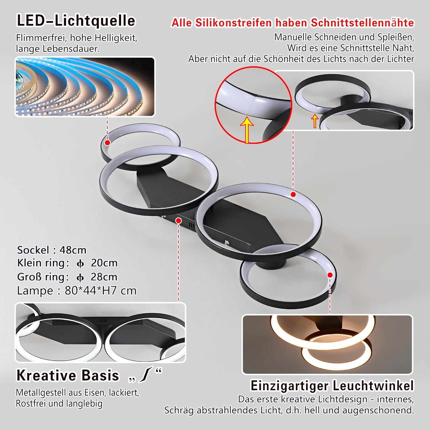 Moderne LED Plafondlamp Zwart 45W Dimmbaar met Afstandsbediening - 4 Ringen, 80cm