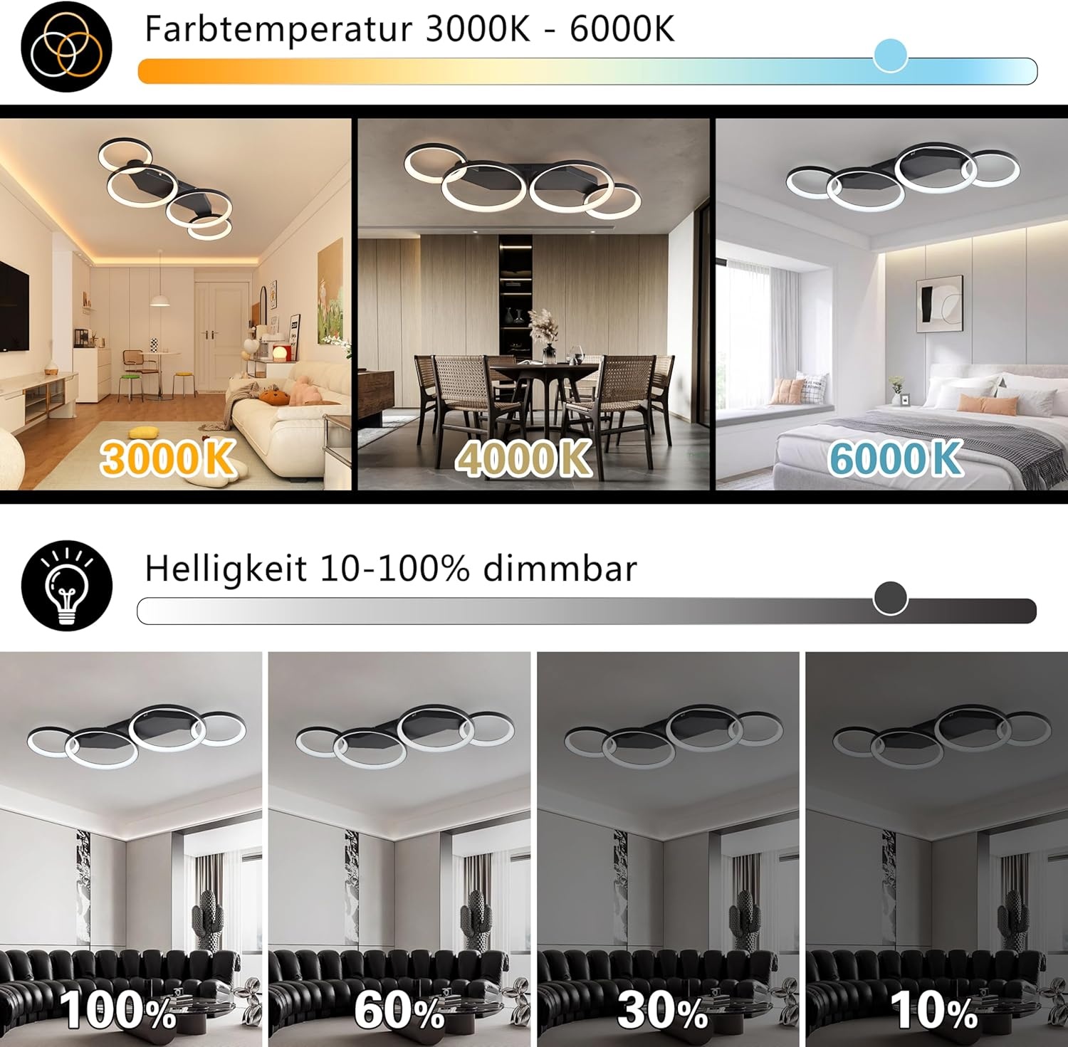 Moderne LED Plafondlamp Zwart 45W Dimmbaar met Afstandsbediening - 4 Ringen, 80cm