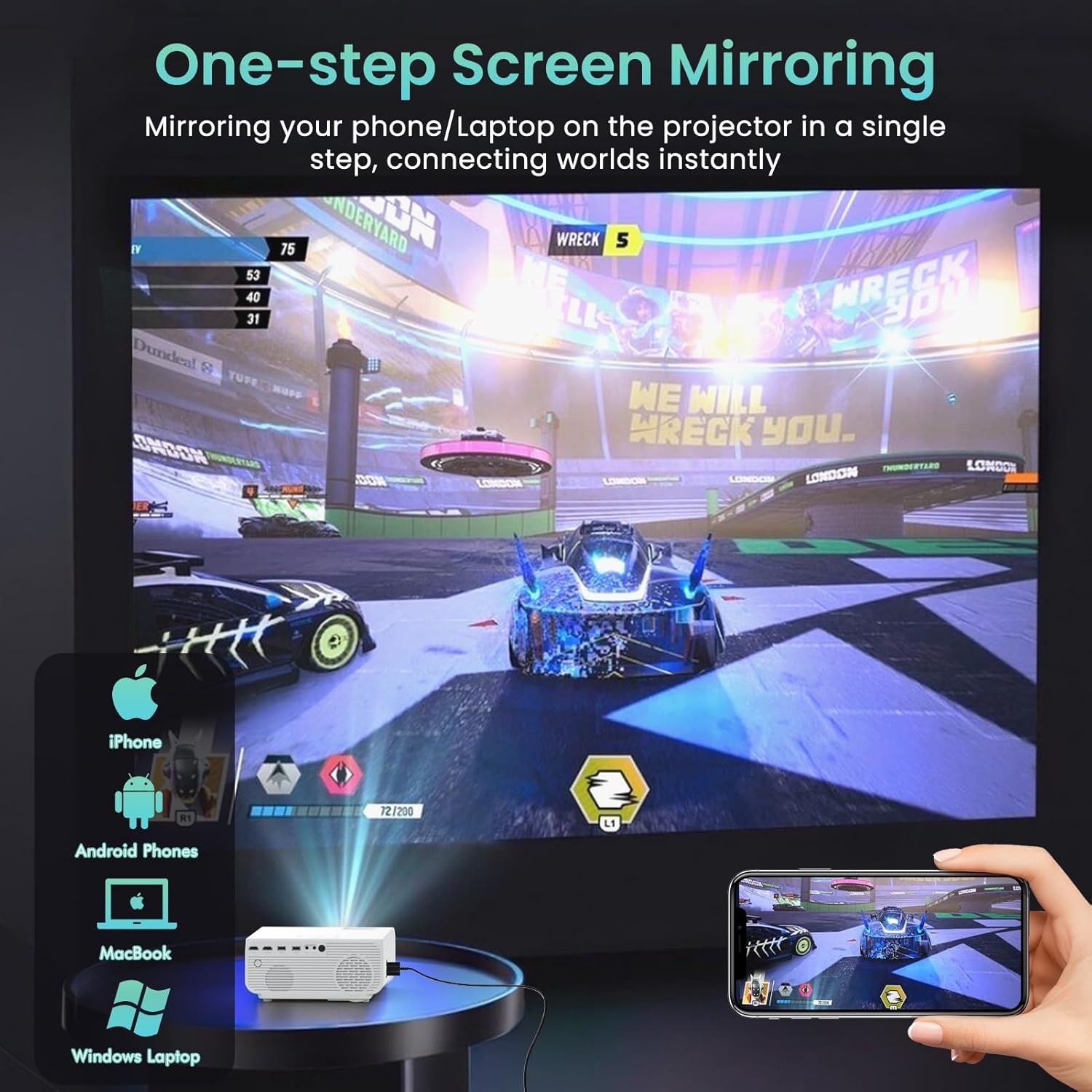 HOPVISION Mini Beamer WiFi Bluetooth Full HD 1080P, 4K Home Cinema Ondersteund Met Zoomfunctie, 300'' Display Buiten Compatibel Met Smartphone/HDMI/USB/Laptop/Fire Stick/PS5