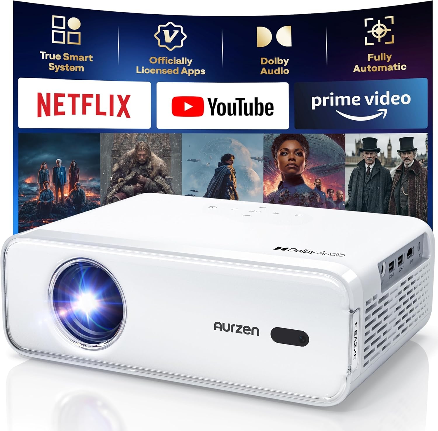 AURZEN Eazze Videoprojector, 4K, officieel, NetfIix, DoIby, Auto Focus/Keystone, HDR10, mini-beamer, wifi, bluetooth, draagbaar, Full HD 1080p, videoprojector