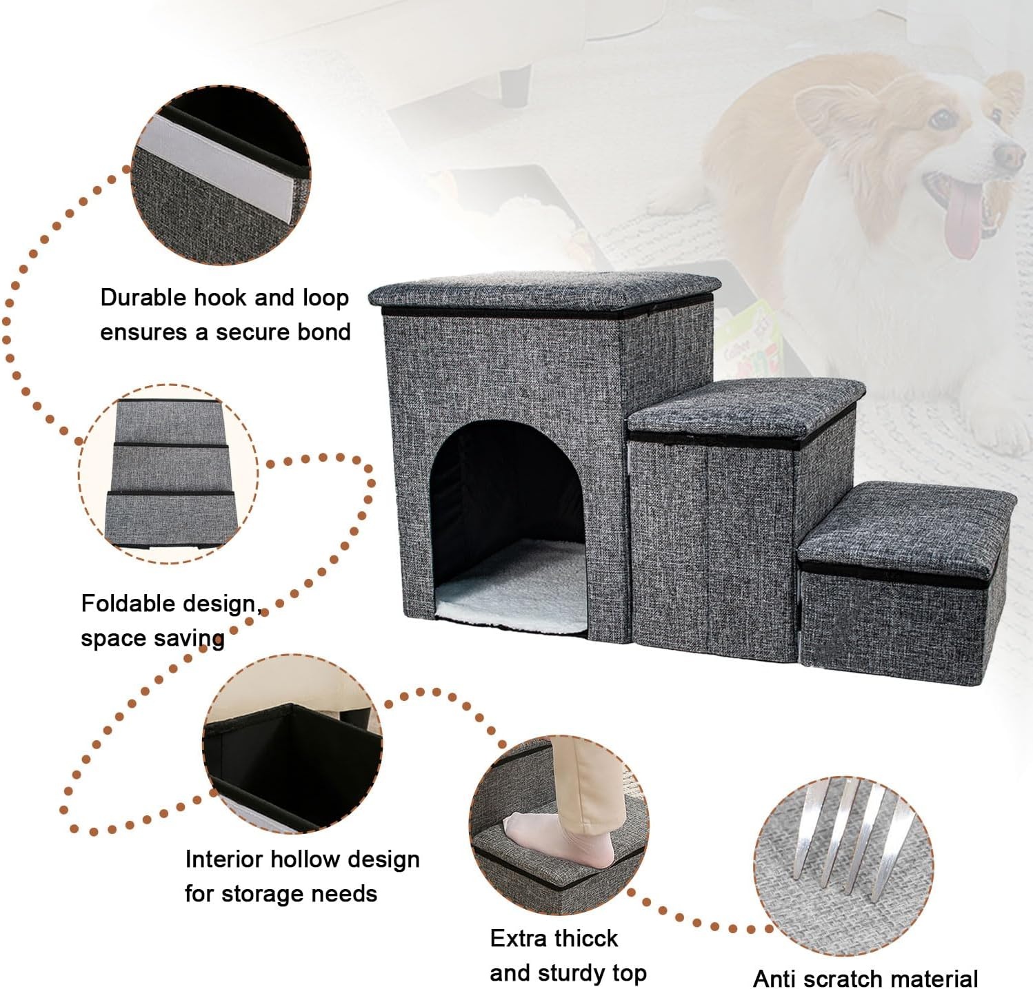 FURRYPAWS Hondentrap voor bed, bank, trappen en oprit, multifunctionele hondentrap met opbergdozen, huisdierbed en huis voor kleine honden en kittens, ideaal voor gebruik binnenshuis