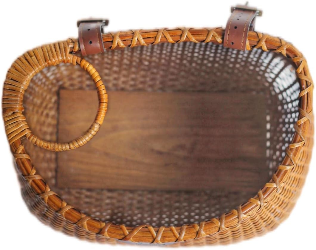 Fietsmand voor dames, strandcruiser of scooter, de originele rieten fietsmanden met ingebouwde bekerhouder voor voorstuur - klassieke vintage stijl, handgemaakt, natuurlijk rotan rieten