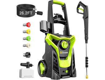 Gisam Hogedrukreiniger, 2200 watt, 180 bar, 480 l/u, met slangtrommel, 8 m, accessoireset met zeepfles, schuimmondstuk, hogedrukpistool voor auto, hek, tuin, patiënten