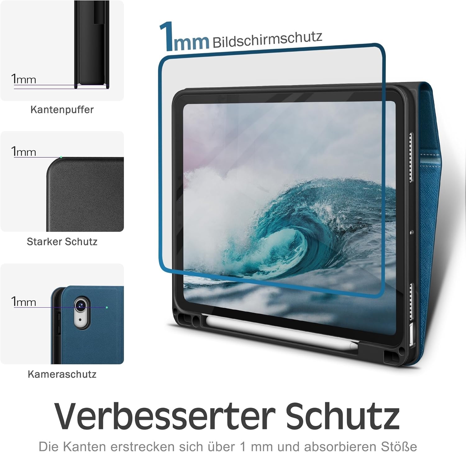 KingBlanc Hoes voor iPad Air 11 inch (2024 M2), Air 5e Gen (2022) & Air 4e Gen (2020) 10.9 inch, met Pencilhouder, Blauw