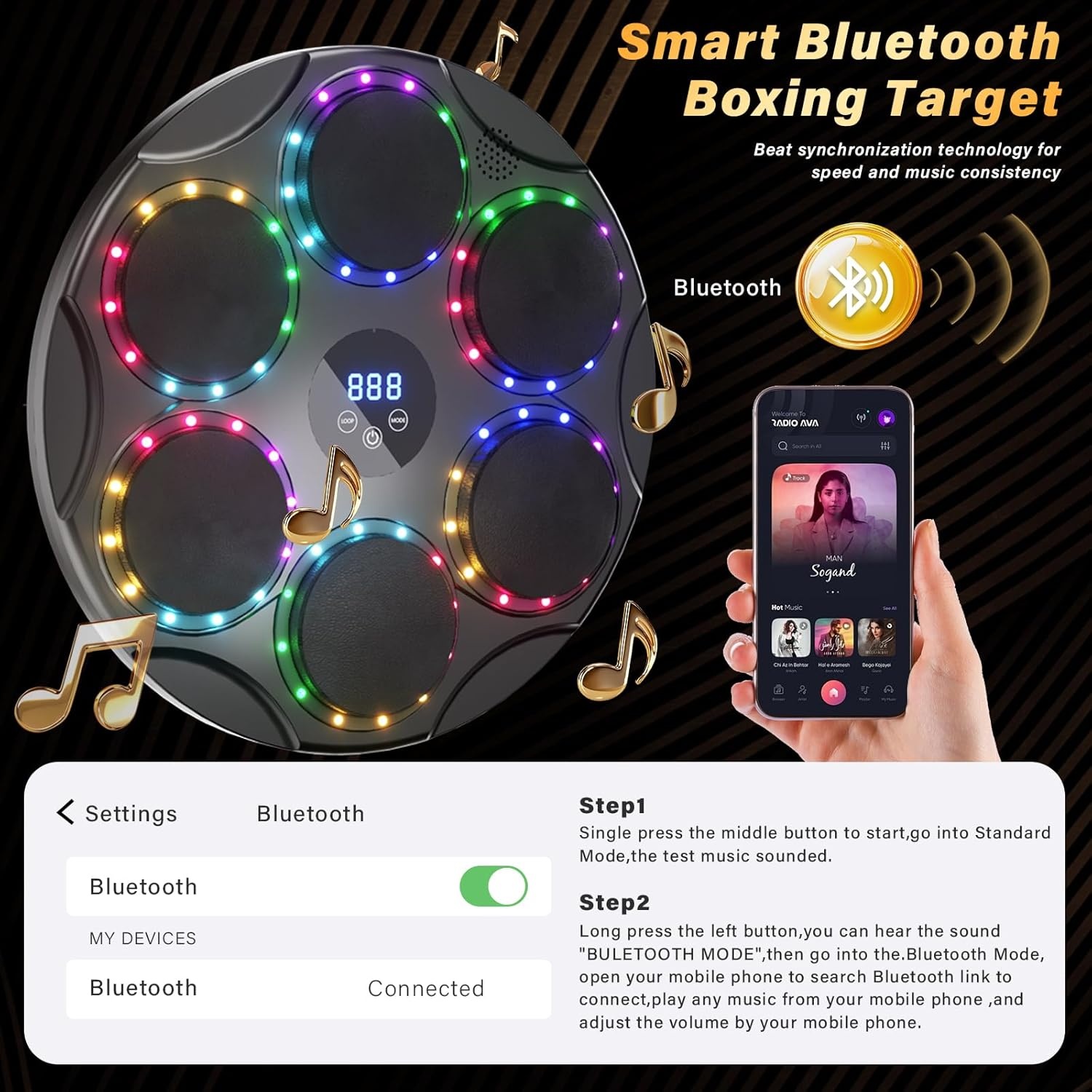TODO Music Boxing Machine, slimme Bluetooth LED muziekboxmachine, 9 snelheidsmodi en kleurrijke lichten, voor kinderen en volwassenen, kerstcadeau