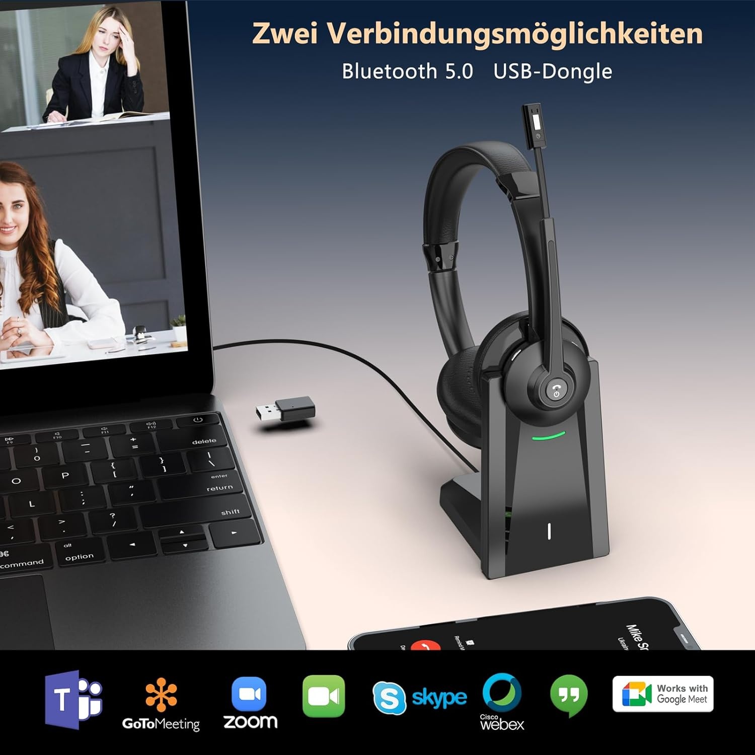 Earbay Draadloze headset, draadloze headset met microfoon mute-schakelaar voor pc/kantoor/zoom/Skype/Laptop/Meeting