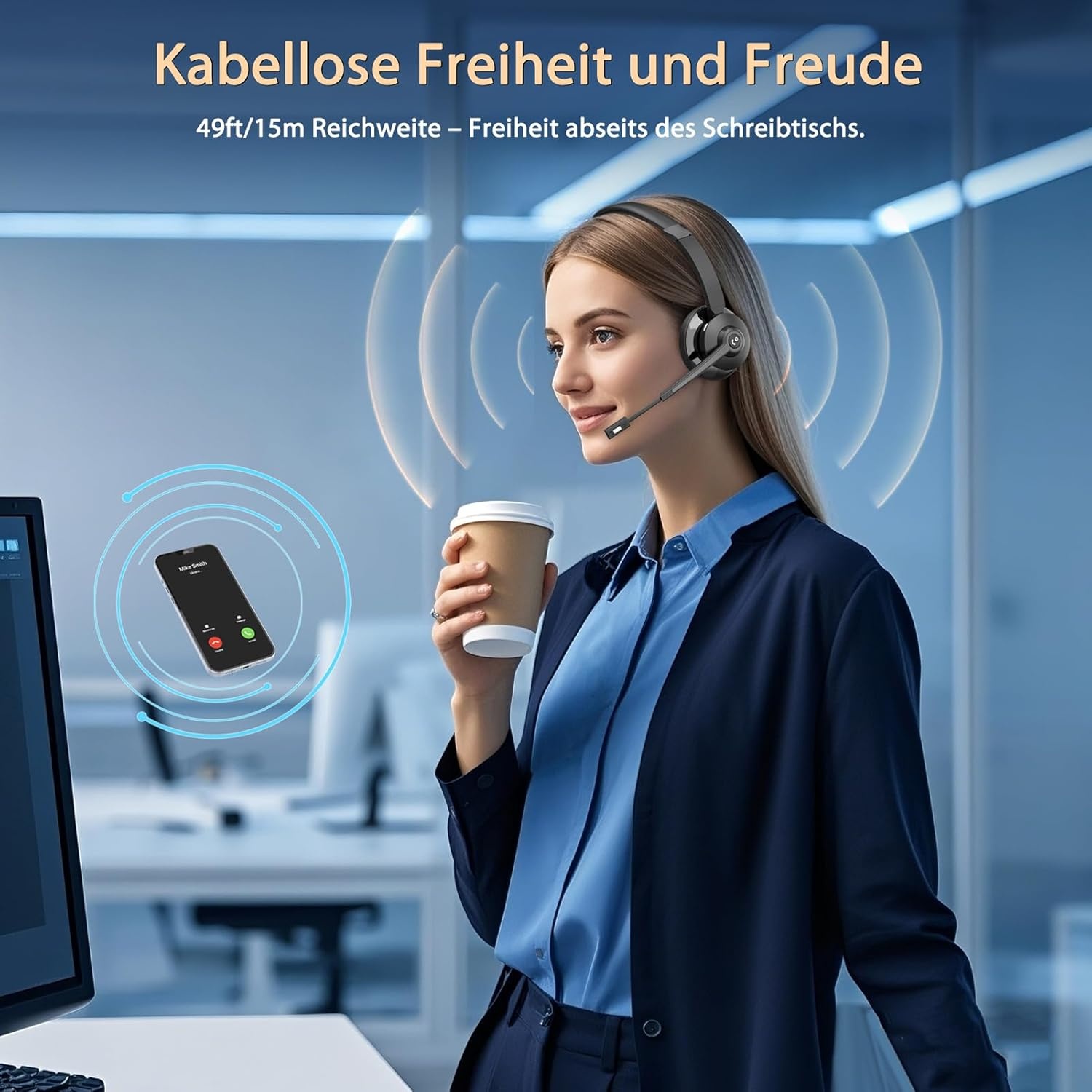 Earbay Draadloze headset, draadloze headset met microfoon mute-schakelaar voor pc/kantoor/zoom/Skype/Laptop/Meeting