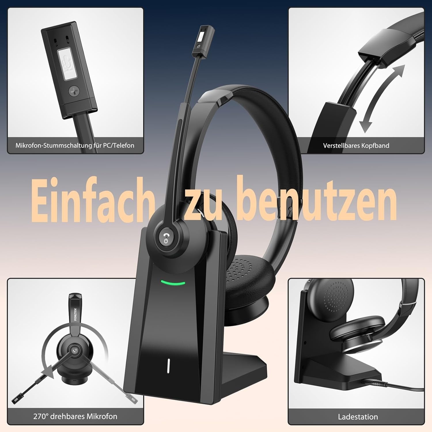 Earbay Draadloze headset, draadloze headset met microfoon mute-schakelaar voor pc/kantoor/zoom/Skype/Laptop/Meeting