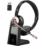 Draadloze headset, bluetooth-headset met microfoon en ruisonderdrukking en USB-dongle, draadloze hoofdtelefoon met microfoon, mute-schakelaar en laadstation voor computer/mobiele