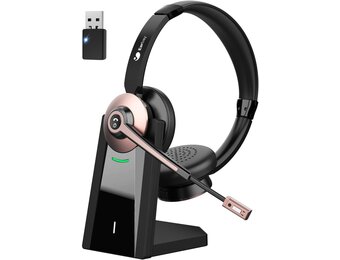 Draadloze headset, bluetooth-headset met microfoon en ruisonderdrukking en USB-dongle, draadloze hoofdtelefoon met microfoon, mute-schakelaar en laadstation voor computer/mobiele