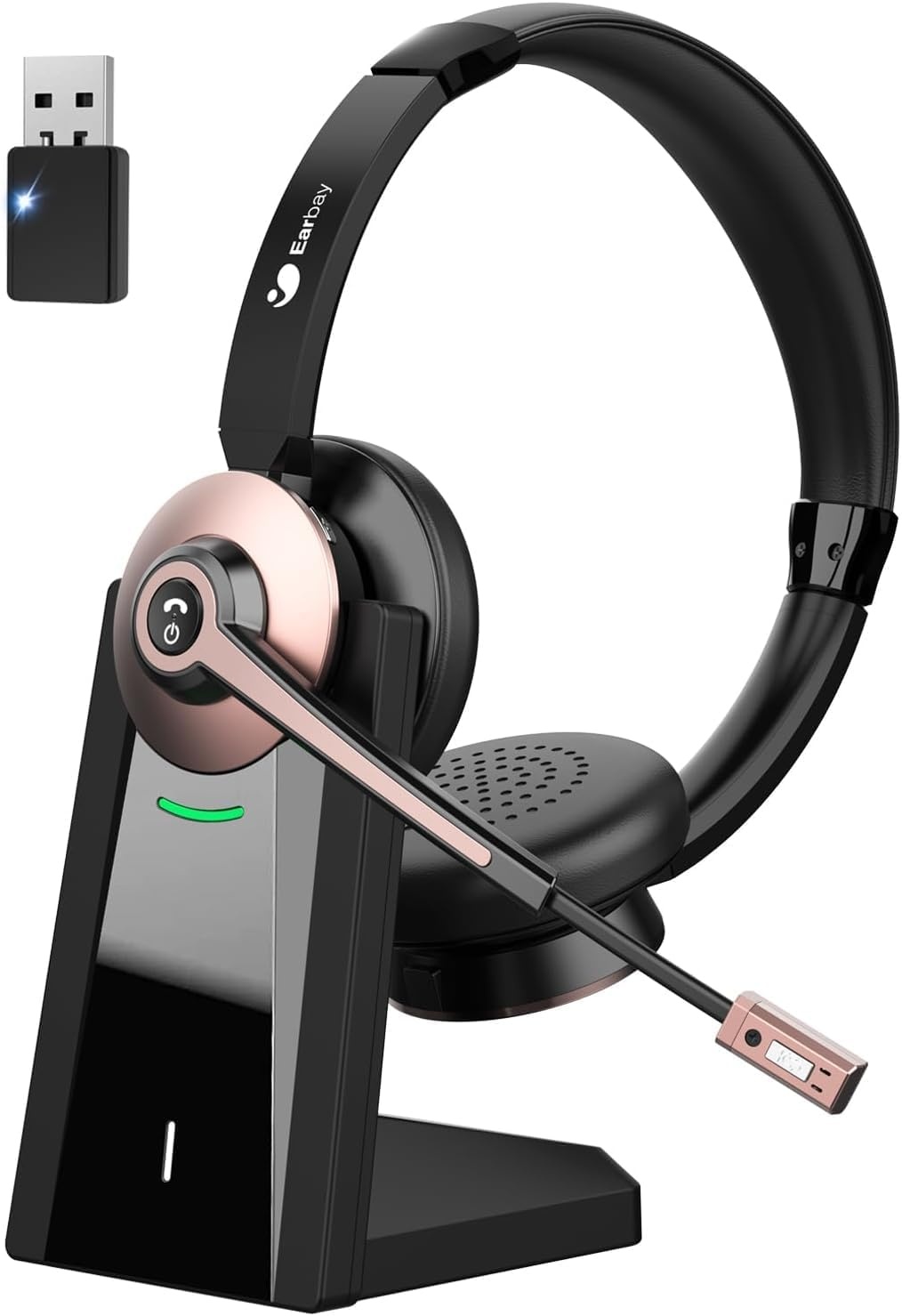 Draadloze headset, bluetooth-headset met microfoon en ruisonderdrukking en USB-dongle, draadloze hoofdtelefoon met microfoon, mute-schakelaar en laadstation voor computer/mobiele