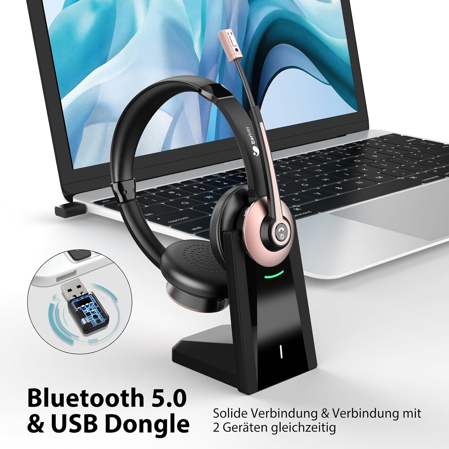 Draadloze headset, bluetooth-headset met microfoon en ruisonderdrukking en USB-dongle, draadloze hoofdtelefoon met microfoon, mute-schakelaar en laadstation voor computer/mobiele