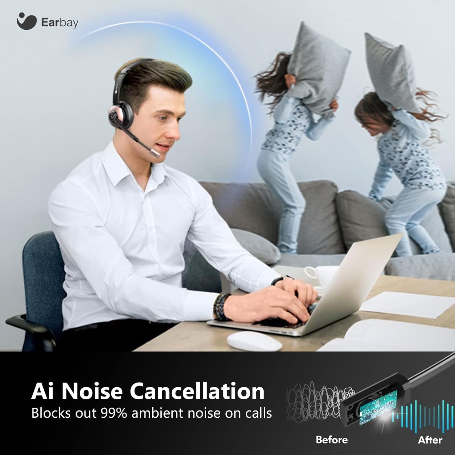 Draadloze headset, bluetooth-headset met microfoon en ruisonderdrukking en USB-dongle, draadloze hoofdtelefoon met microfoon, mute-schakelaar en laadstation voor computer/mobiele