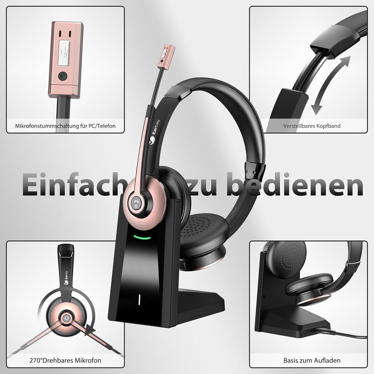 Draadloze headset, bluetooth-headset met microfoon en ruisonderdrukking en USB-dongle, draadloze hoofdtelefoon met microfoon, mute-schakelaar en laadstation voor computer/mobiele