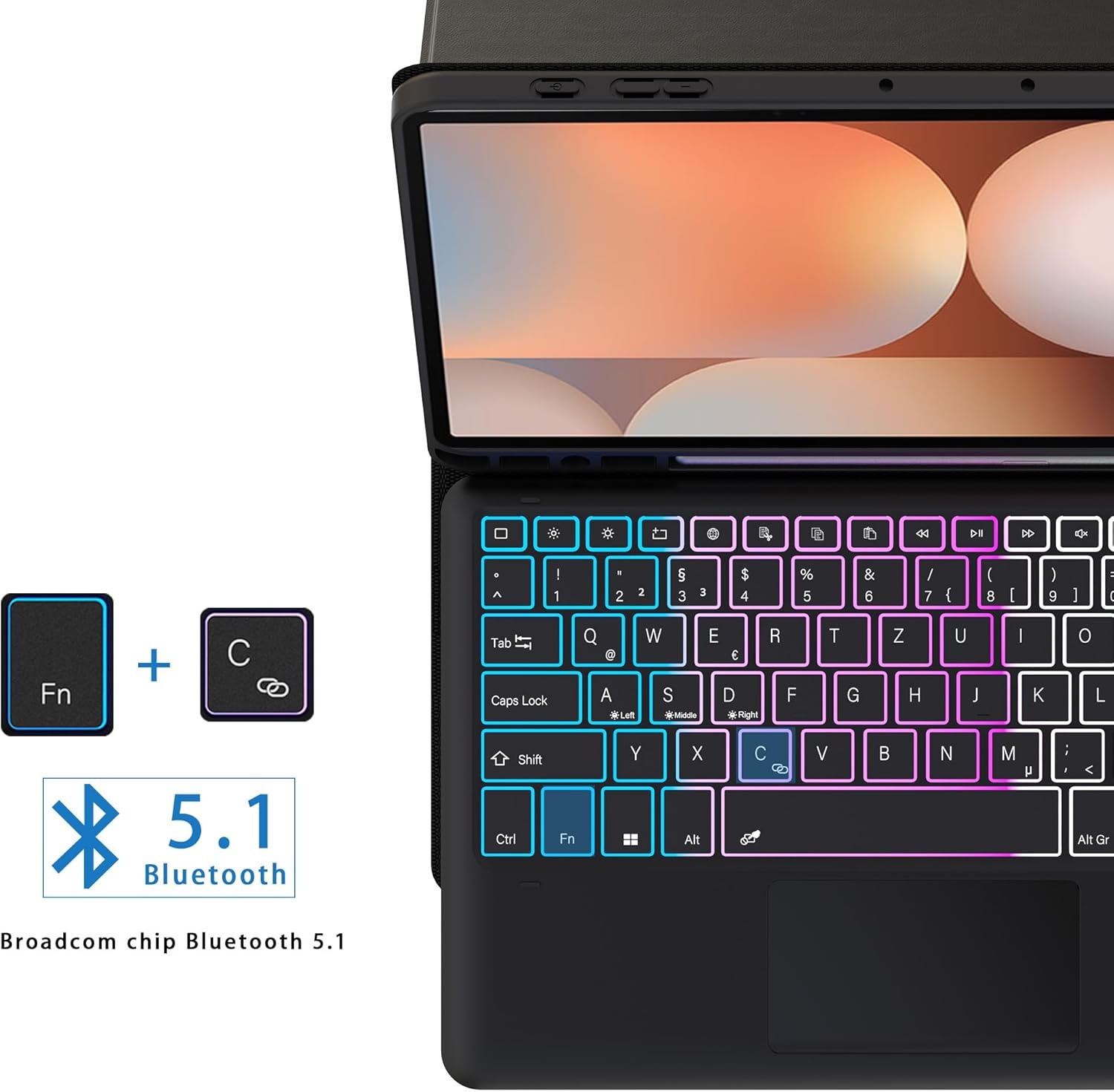 ROOFEI Galaxy Tab S9+ hoesje met toetsenbord, QWERTZ-lay-out, 12,4 inch Galaxy Tab S9 Plus toetsenbord met touchpad, 3-zone verlichting, doe-het-zelf toetsenbordhoes voor Samsung Galaxy Tab S9+/S9