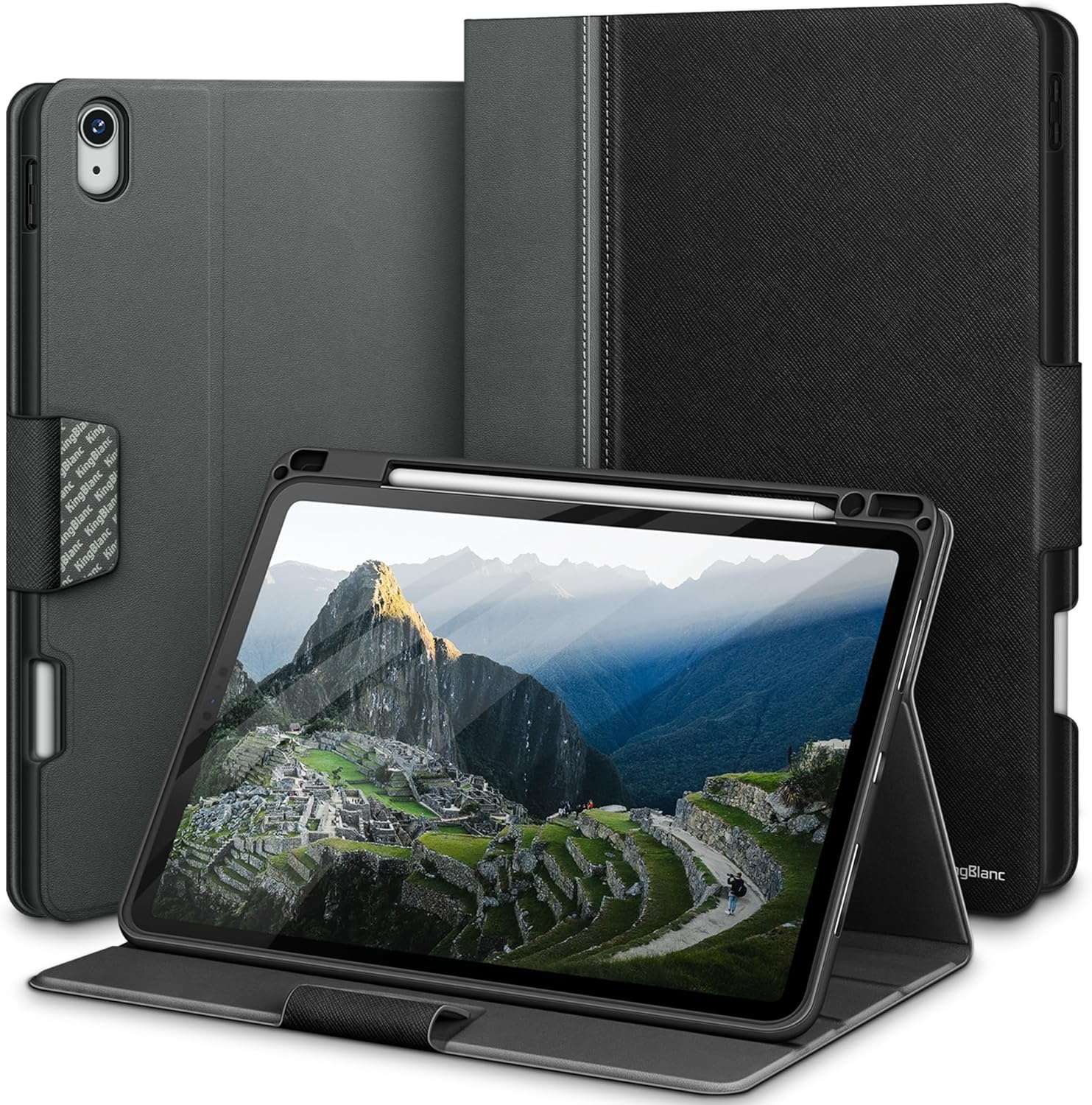 KingBlanc Hoes voor iPad Air 5e/4e generatie 2022/2020 met Apple Pencil-houder, veganistisch leer Smart Folio, verstelbare multi-standaard, Case voor iPad Air 10,9" - zwart