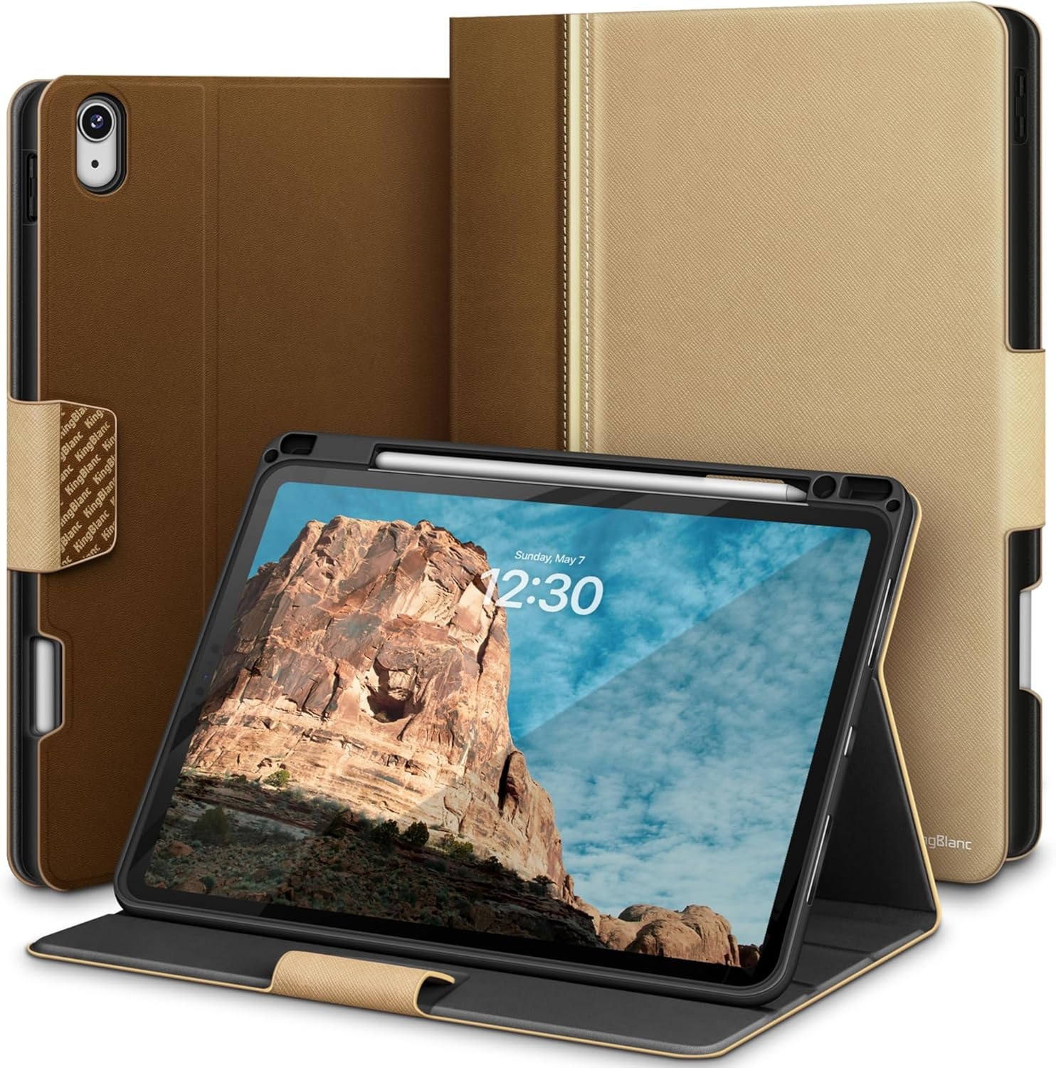 KingBlanc Hoesje voor iPad Air 11 inch (M3 2025/M2 2024) 7e/6e generatie, iPad Air 5e/4e generatie (11,9 inch, 2022/2020) met potloodhouder, PU lederen smart cover, automatisch waken/slapen, standaard