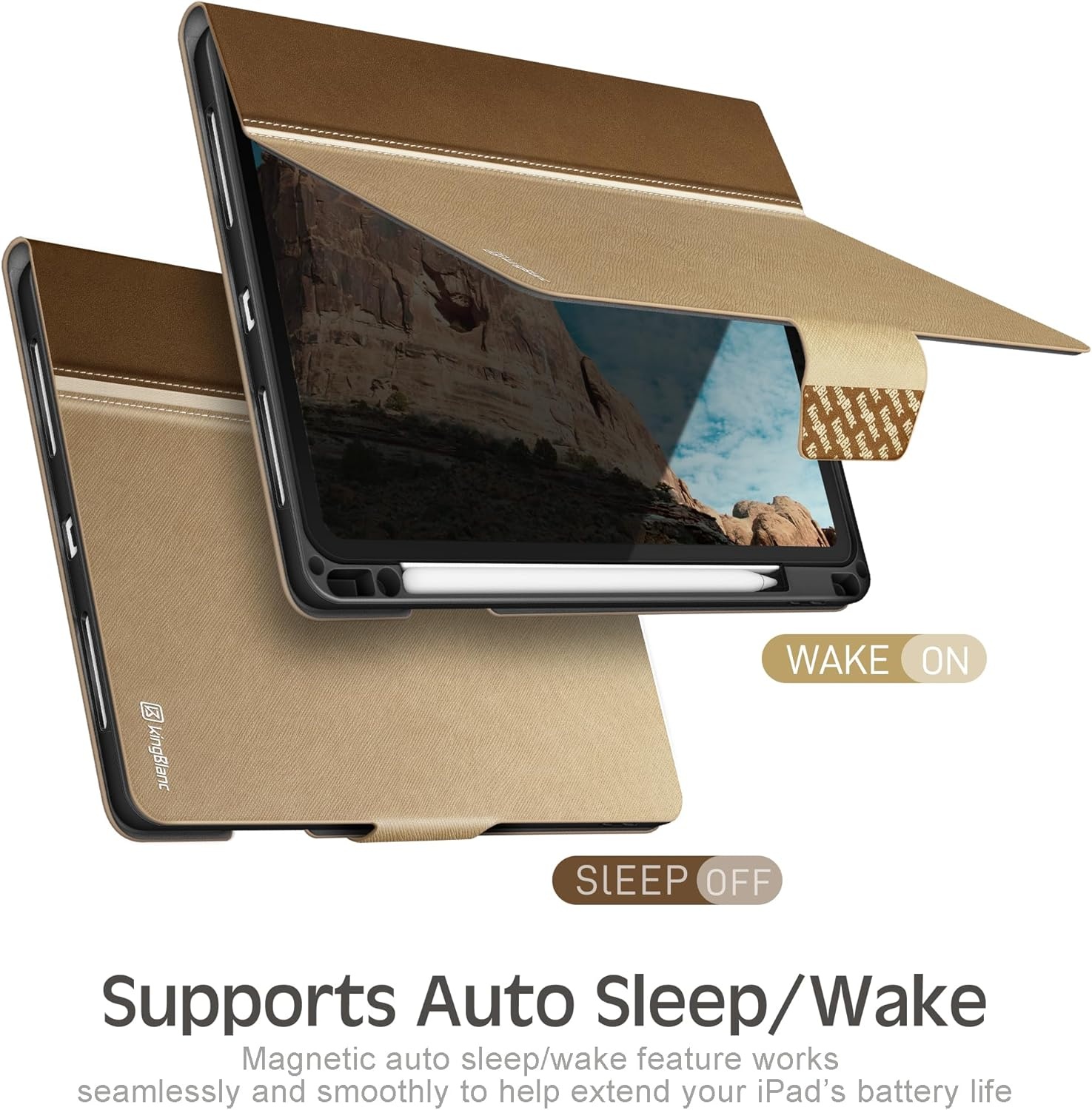 KingBlanc Hoesje voor iPad Air 11 inch (M3 2025/M2 2024) 7e/6e generatie, iPad Air 5e/4e generatie (11,9 inch, 2022/2020) met potloodhouder, PU lederen smart cover, automatisch waken/slapen, standaard