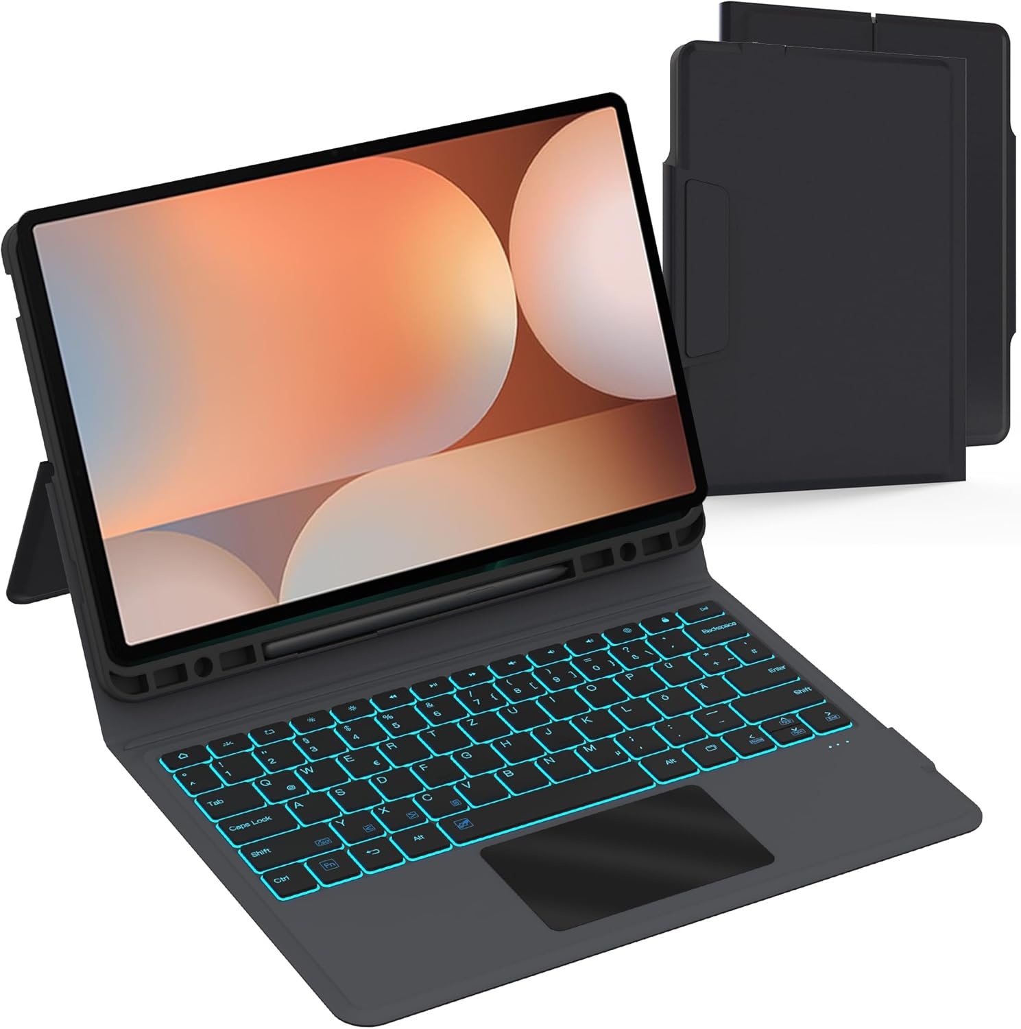 Toetsenbord hoes voor Samsung Galaxy Tab S10+/S9 FE+/S9+ Plus 12,4 inch: 7 kleuren verlichting en QWERTZ-lay-out toetsenbord met touchpad | Tab S9Plus/S10 Plus 5G tablet toetsenborden beschermhoes met